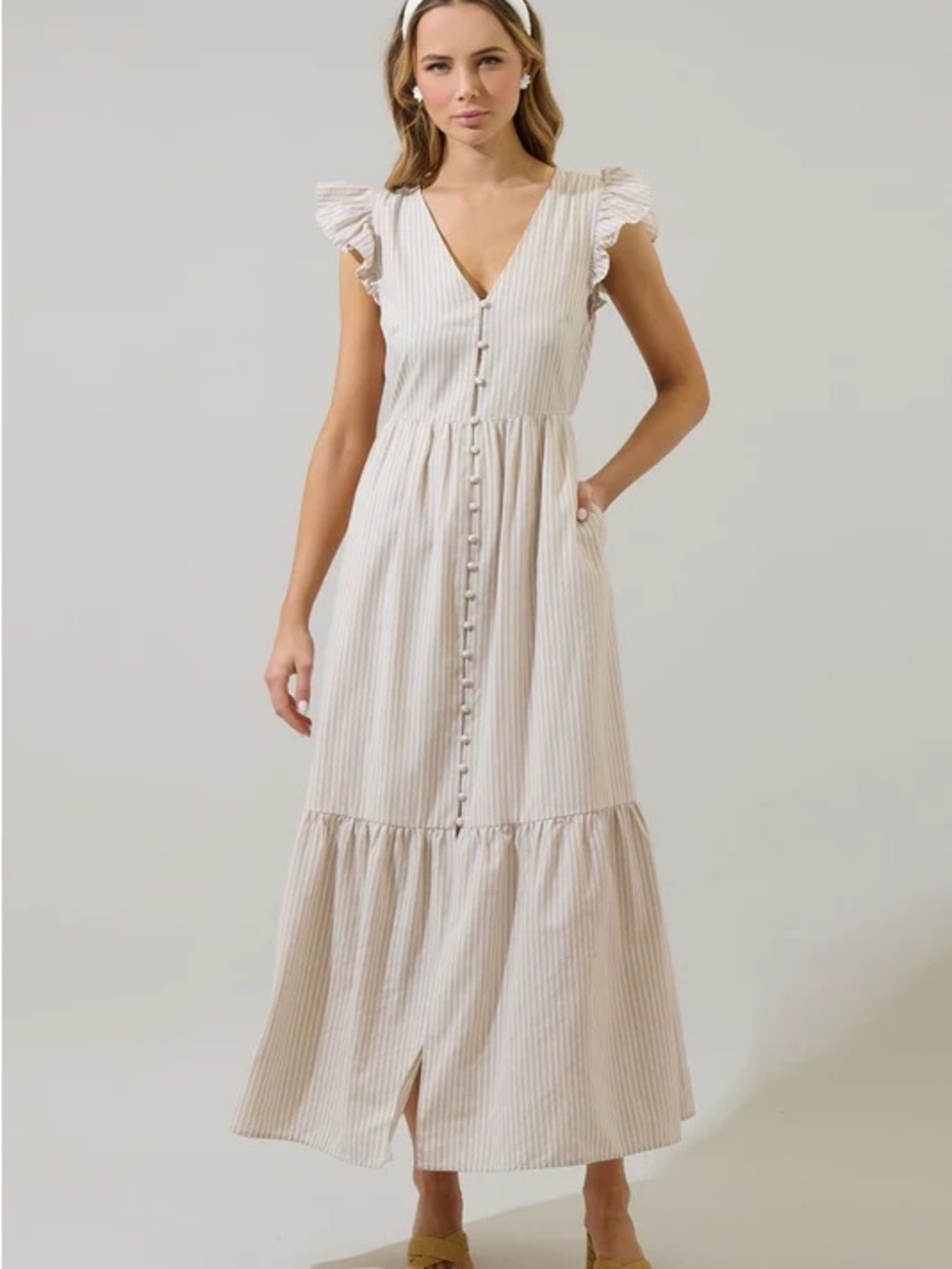 Sandy Striped Evianna Flutter Maxi Dress- Tan/White